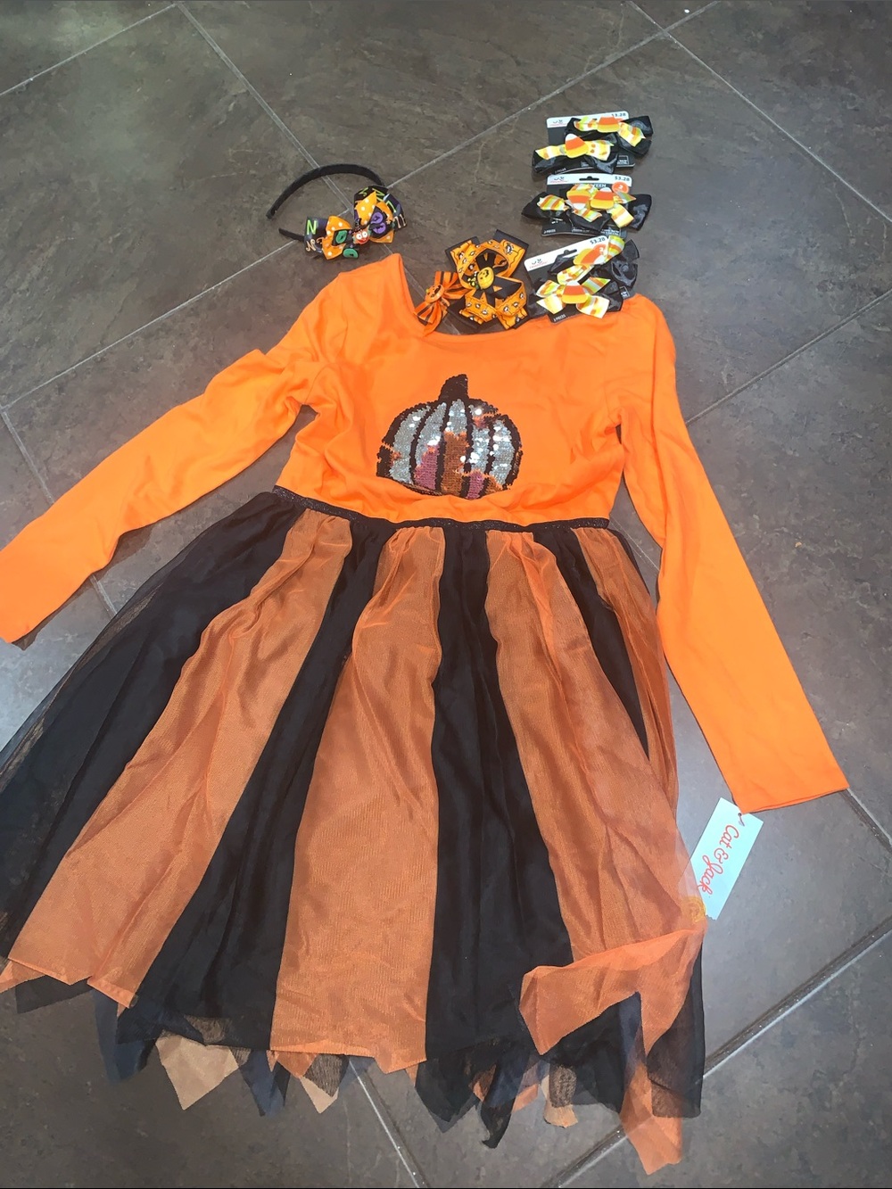 Orange and Black Pumpkin Tulle Kids Costume Dress and hair Accessories